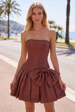 Brown Pearl Strapless A Line Homecoming Dress with Bow