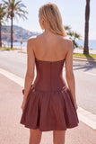 Brown Pearl Strapless A Line Homecoming Dress with Bow