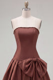 Brown Pearl Strapless A Line Homecoming Dress with Bow