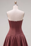 Brown Pearl Strapless A Line Homecoming Dress with Bow
