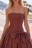 Brown Pearl Strapless A Line Homecoming Dress with Bow