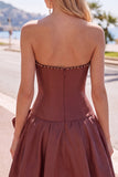 Brown Pearl Strapless A Line Homecoming Dress with Bow