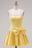 Brown Pearl Strapless A Line Homecoming Dress with Bow