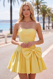 Brown Pearl Strapless A Line Homecoming Dress with Bow