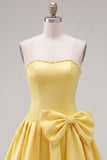 Brown Pearl Strapless A Line Homecoming Dress with Bow