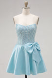Blue Strapless Pearl Corset A Line Homecoming Dress with Bow