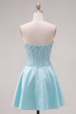 Blue Strapless Pearl Corset A Line Homecoming Dress with Bow