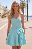 Blue Strapless Pearl Corset A Line Homecoming Dress with Bow