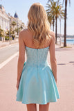 Blue Strapless Pearl Corset A Line Homecoming Dress with Bow