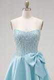 Blue Strapless Pearl Corset A Line Homecoming Dress with Bow