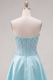 Blue Strapless Pearl Corset A Line Homecoming Dress with Bow
