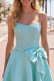 Blue Strapless Pearl Corset A Line Homecoming Dress with Bow