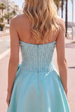 Blue Strapless Pearl Corset A Line Homecoming Dress with Bow
