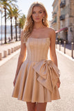 Blue Strapless Pearl Corset A Line Homecoming Dress with Bow