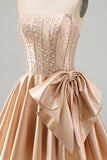 Blue Strapless Pearl Corset A Line Homecoming Dress with Bow