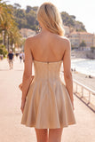 Blue Strapless Pearl Corset A Line Homecoming Dress with Bow