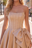 Blue Strapless Pearl Corset A Line Homecoming Dress with Bow