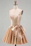 Blue Strapless Pearl Corset A Line Homecoming Dress with Bow