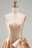 Blue Strapless Pearl Corset A Line Homecoming Dress with Bow