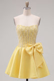 Blue Strapless Pearl Corset A Line Homecoming Dress with Bow
