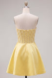 Blue Strapless Pearl Corset A Line Homecoming Dress with Bow
