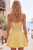 Blue Strapless Pearl Corset A Line Homecoming Dress with Bow