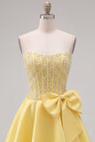 Blue Strapless Pearl Corset A Line Homecoming Dress with Bow