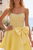 Blue Strapless Pearl Corset A Line Homecoming Dress with Bow