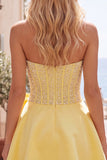 Blue Strapless Pearl Corset A Line Homecoming Dress with Bow