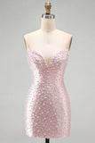 Pink Beaded Pearl Bodycon Homecoming Dress with Lace-up Back