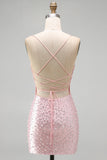 Pink Beaded Pearl Bodycon Homecoming Dress with Lace-up Back