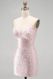 Pink Beaded Pearl Bodycon Homecoming Dress with Lace-up Back