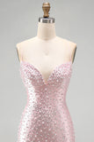 Pink Beaded Pearl Bodycon Homecoming Dress with Lace-up Back