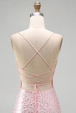 Pink Beaded Pearl Bodycon Homecoming Dress with Lace-up Back