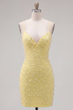Yellow Pearl Beaded Bodycon Homecoming Dress with Lace-up Back