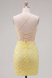 Yellow Pearl Beaded Bodycon Homecoming Dress with Lace-up Back