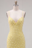 Yellow Pearl Beaded Bodycon Homecoming Dress with Lace-up Back
