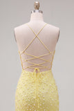 Yellow Pearl Beaded Bodycon Homecoming Dress with Lace-up Back