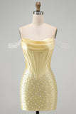 Yellow Corset Off the Shoulder Pearl Beaded Bodycon Short Homecoming Dress