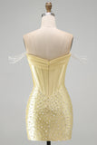 Yellow Corset Off the Shoulder Pearl Beaded Bodycon Short Homecoming Dress