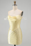 Yellow Corset Off the Shoulder Pearl Beaded Bodycon Short Homecoming Dress