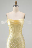 Yellow Corset Off the Shoulder Pearl Beaded Bodycon Short Homecoming Dress