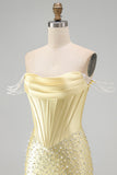 Yellow Corset Off the Shoulder Pearl Beaded Bodycon Short Homecoming Dress