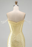 Yellow Corset Off the Shoulder Pearl Beaded Bodycon Short Homecoming Dress