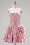 Strapless Pearl Purple Jacquard A Line Homecoming Dress with Bow