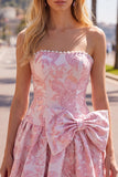 Strapless Pearl Purple Jacquard A Line Homecoming Dress with Bow