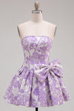 Strapless Pearl Purple Jacquard A Line Homecoming Dress with Bow