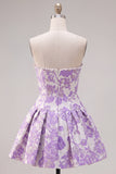 Strapless Pearl Purple Jacquard A Line Homecoming Dress with Bow