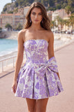 Strapless Pearl Purple Jacquard A Line Homecoming Dress with Bow