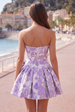 Strapless Pearl Purple Jacquard A Line Homecoming Dress with Bow